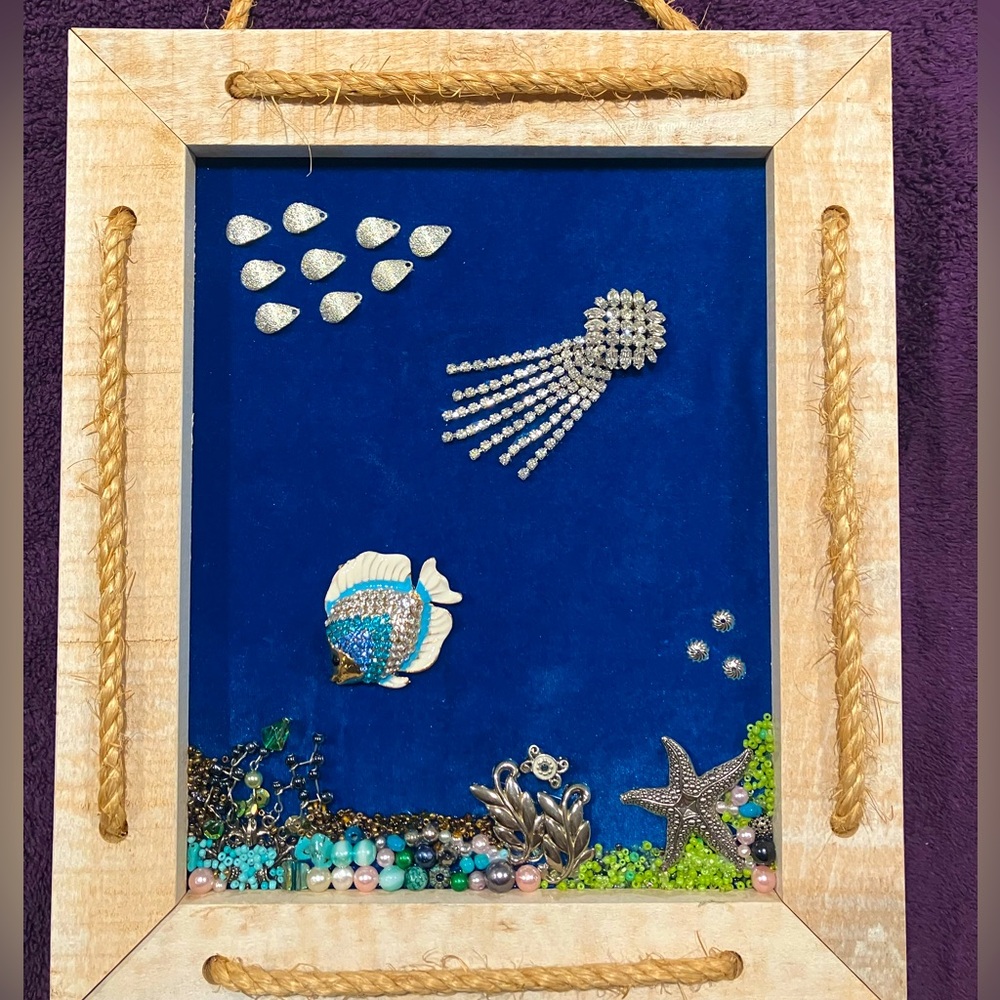 Wall Art with Rope Frame “COASTAL WATERS” Underwater scene HANDMADE UNIQUE OOAK!